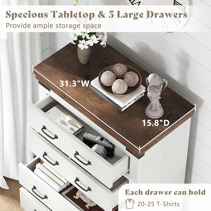 AMERLIFE 2 Pieces Farmhouse Bedroom Set, Includes Wood Rustic King Size Bed Frame with 51" Tall Headboard, 48" Tall 5 Drawers Dresser Chest, Heavy Duty Thick Plank Styling, Antique White