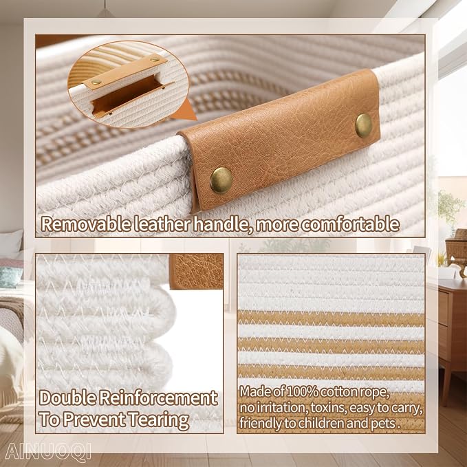 Large Laundry Hamper Basket, 85L Cotton Rope Woven Storage Bin for Blankets, Dirty Clothes Toys, Decorative Tall Basket with Leather Handles for Living Room, Bedroom, Bathroom, Nursery, Jute - Image 7