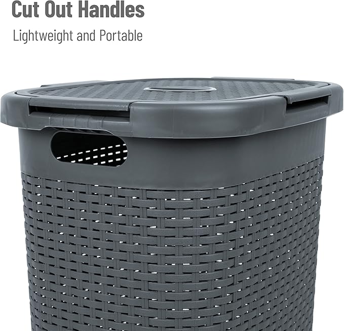 Mind Reader 60L Slim Laundry Hamper, Clothes Basket, Lid, Wicker Style, Plastic, 17.65"L x 13.75"W x 24.15"H, Set of 2, Gray - Image 4