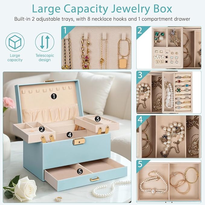 AKOZLIN Travel Jewelry Box Organizer Functional 2-trays Leather Jewelry Storage Case with Lockable Portable Drawer for Women Girls Ring Necklace Earring Bracelet - Image 2