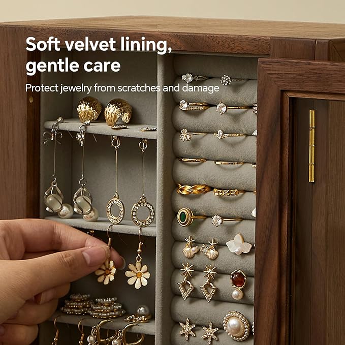 Wooden Jewelry Box for Women, 360 Rotating Design,Large Jewelry Organizer with Velvet Lining, 5 Drawers, Transparent Glass Doors, Black Walnut Wood Grain, Jewelry Storage Organizer - Image 6