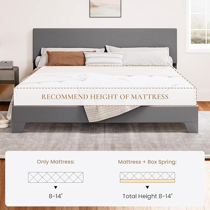SHA CERLIN Light Grey King Platform Upholstered Bed Frame with Adjustable Headboard, Wood Slats Support, No Box Spring Needed, Easy Assembly, Easy Clean Up