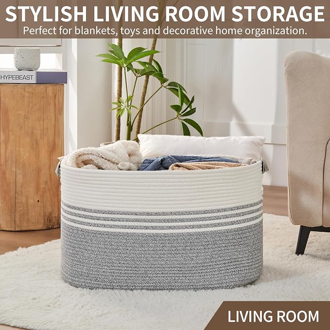 AINUOQI Laundry Basket with Handles - Blanket Basket & Hampers for Bedroom Aesthetic, Laundry Hamper & Blanket Storage for Living Room, Clothes Hamper, Tall, Large 21.7" x 16.9" x 11.8”, Grey - Image 7