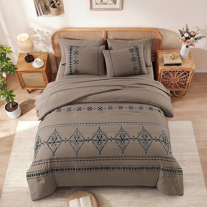 MaiRêve Full Size Comforter Set Taupe Grey, Embroidery Floral Western Boho Bedding Set, All Season 7 Pieces Bed in a Bag with Sheets, Pillowcases & Shams