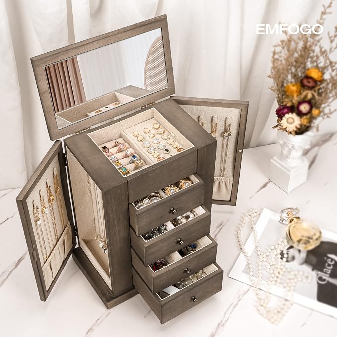 Emfogo Jewelry Box for Women, 5 Layer Large Wood Jewelry Boxes & Organizers for Necklaces Earrings Rings Bracelets, Rustic Jewelry Organizer Box with Drawers and Mirror(Weathered Gray) - Image 2