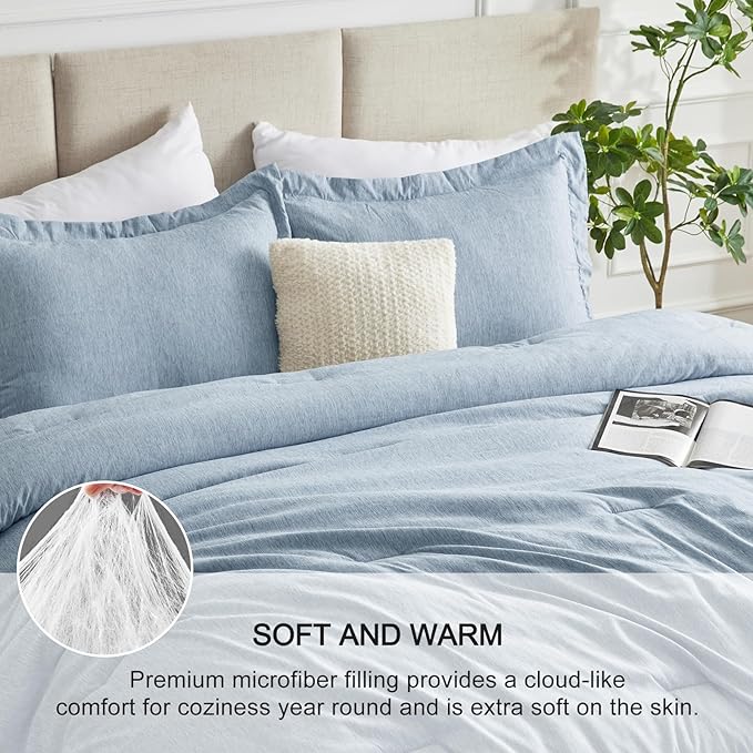CozyLux Queen Size Comforter Set - 3 Pieces Blue Soft Luxury Cationic Dyeing Bedding Comforter for All Season, Breathable Lightweight Fluffy Bed Set with 1 Comforter and 2 Pillow Shams