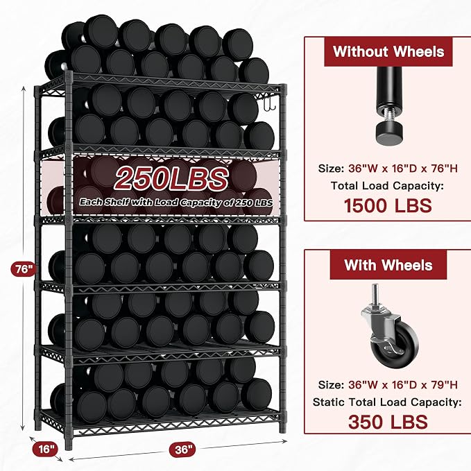 PrimeZone 6 Tier Wire Shelving with Wheels 79''H 1500lbs Storage Shelves NSF Certified Heavy Duty Steel Metal Shelf Adjustable Rolling Rack Kitchen Garage Closet Pantry Laundry 79''HX36''WX16''D 4Pcs - Image 3