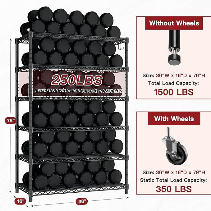 PrimeZone 6 Tier Wire Shelving with Wheels 79''H 1500lbs Storage Shelves NSF Certified Heavy Duty Steel Metal Shelf Adjustable Rolling Rack Kitchen Garage Closet Pantry Laundry 79''HX36''WX16''D - Image 3