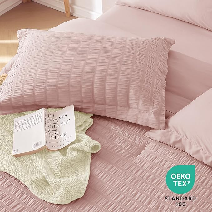 MUXHOMO 5 Pieces Twin Comforter Set, Seersucker Bed in a Bag Twin Size, All Season Luxury Bedding Set with Comforter, Flat Sheet, Fitted Sheet, Pillowcase & Sham, Rose Gold