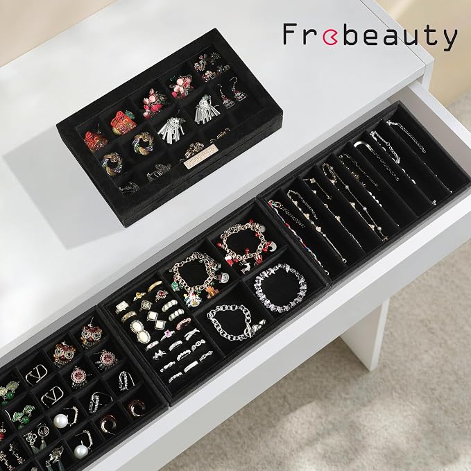 Frebeauty Stackable Jewelry Trays, Velvet Drawer Jewelry Organizer with Glass Lid,5 in 1 Multi-Functional Jewelry Storage for Earrings Necklaces Rings, 10.5 x 6.5 x 5.55 Inches Gift for Women(Black) - Image 2