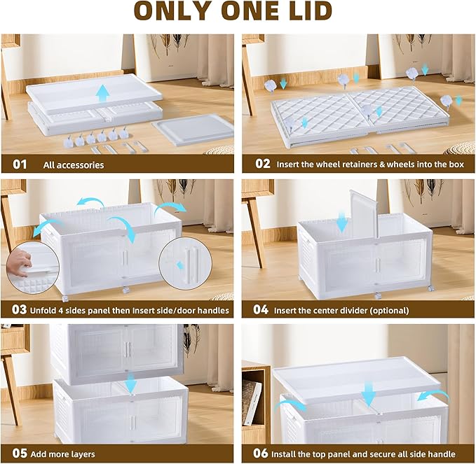 FINCHESCLUB 568QT/141Gal XL Stackable Storage Bins with Lids, Foldable Storage Bins with Doors, Wheels, and Lights - Collapsible Closet Cabinets for Home Office, 3 Pack - White