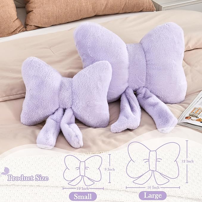 XVTRU Lavender Bow Pillow, Soft Bow Decorative Pillows with Faux Rabbit Fur, Cute 12" Bow Throw Pillows, Aesthetic Home Decor Bow Shaped Plush Pillow for Bedroom Sofa Couch