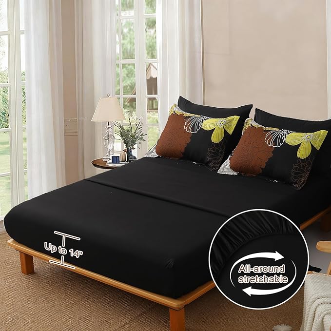 Yiran 7 Pieces Boho Floral Comforter Sets Black Brown Yellow Lightweight Comforter Bed in a Bag Flowers Microfiber Bedding Set for All Season,Queen Size 90''x90''