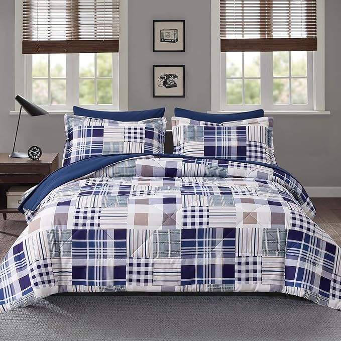 Comforter Set Queen Size Plaid Patchwork Comforter Bedding-7 Piece Bed in a Bag,Soft Fluffy Reversible Microfiber Bedding Set(1 Comforter,1 Flat Sheet,1 Fitted Sheet,2 Pillowcases,2 Pillow Shams),Navy