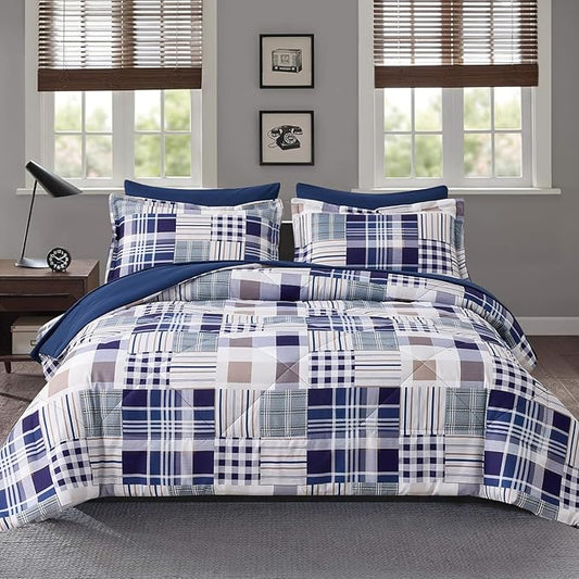 Comforter Set Queen Size Plaid Patchwork Comforter Bedding-7 Piece Bed in a Bag,Soft Fluffy Reversible Microfiber Bedding Set(1 Comforter,1 Flat Sheet,1 Fitted Sheet,2 Pillowcases,2 Pillow Shams),Navy