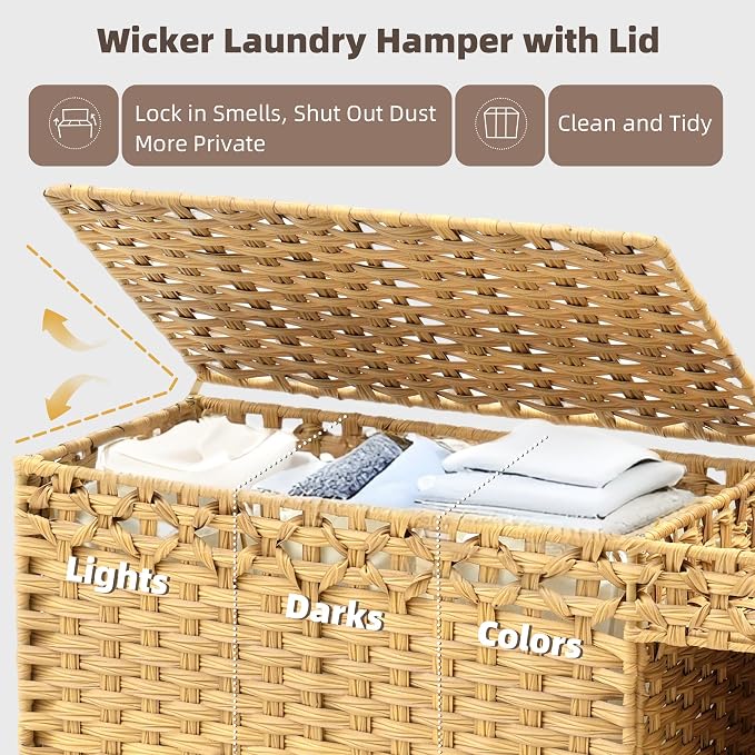 Laundry Hamper with Lid, 160L Rattan Wicker Laundry Basket with Wheels, Handwoven Laundry Hamper 3-Section with Storage shelf(42.3 Gal), Laundry Sorter Basket with Removable Liner, Natural HLH033N - Image 3