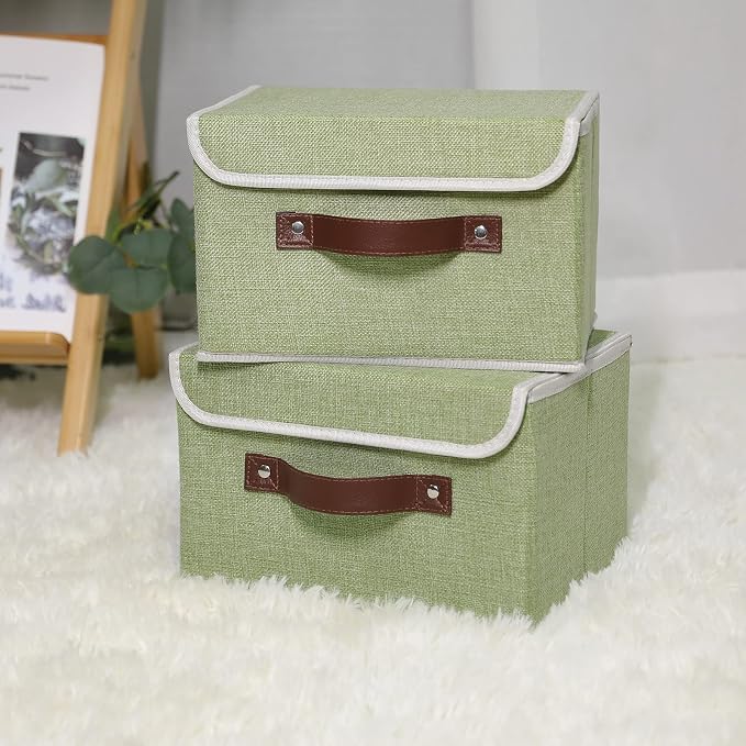 ANMINY 2PCS Storage Bins with Lid PU Leather Handles Storage Boxes PP Plastic Board Decorative Foldable Lidded Cotton Linen Fabric Home Cubes Baskets Closet Organizer Containers - Green, Small Size - Image 6