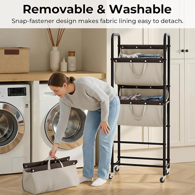 GRANNY SAYS 3 Tier Laundry Sorter, Laundry Basket with Wheels, Laundry Room Organization and Storage, 3 Section Rolling Laundry Cart for Dorm, Bathroom, Bedroom, Closet, Light Khaki - Image 2