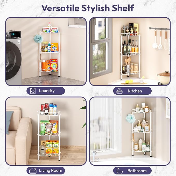 SWTYMIKI Standing Shower Caddy Corner - 3‑Tier Stainless Steel Shower Organizer Shelf with 12 Hooks and Adhesive Pads, Rustproof Corner Shelves Stand Rack for Bathroom Shower Room, white - Image 6