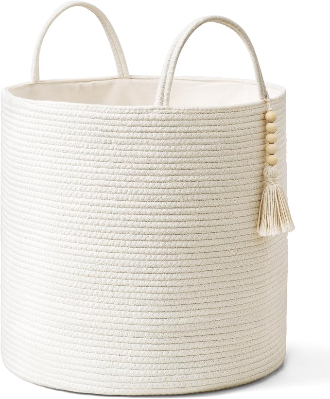 Mkono Tall Laundry Basket Woven Decorative Rope Storage Basket Wooden Bead Decoration for Blankets Toys Clothes Shoes Organizer Bin with Handles Living Room Home Decor, 15" W x 17.7" L, White by Mkono