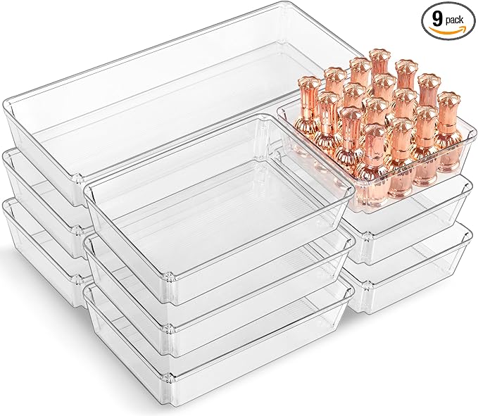 9 PCS Clear Plastic Drawer Organizer Sets, 3 Sizes Vanity Organizer Trays Stackable Storage Bins for Kitchen, Cabinet, Bathroom, Office, Laundry Room Organizing by QILINBA
