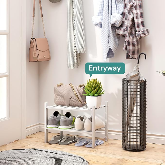 viewcare White Small Shoe Rack for Entryway,2-Tier Bamboo Shoe Organizer for Hallway Closet, Free Standing Shoe Racks for Indoor Outdoor - Image 2