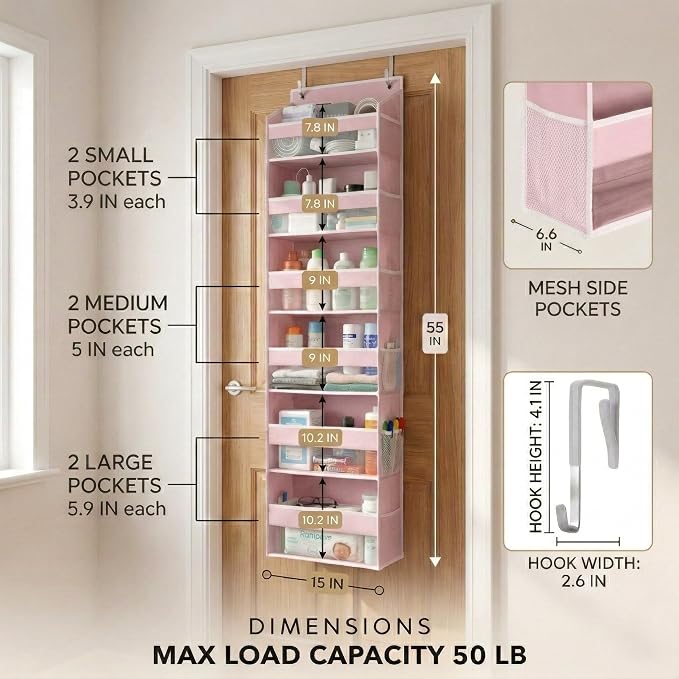 HOMELUX THEORY UPGRADED 6 Tiers Over The Door Organizer Hanging - 100D EXTRA THICK & 50lbs HUGE CAPACITY, 12 Side Mesh Pockets Over The Door Shoe Organizer, Hanging Closet Organizer (Baby Pink, 1pc) - Image 2