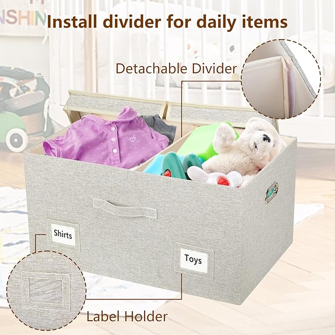 Graciadeco 75 Quarts Extra Large Decorative Storage Bins with Lids, 3 Packs Beige Collapsible Storage Bins with Lids, Stackable Storage Bins Decorative Box Storage With Lid Extra Large - Image 6