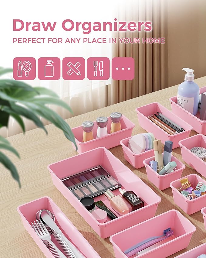 BiuLeon 25 PCS Plastic Drawer Organizers Set, 4-Sizes Vanity and Makeup Organizer, Desk and bathroom Drawer Organizer Trays, Organizers and Storage for Makeup, Jewelry, Gadgets, Utensils (Pink) - Image 3