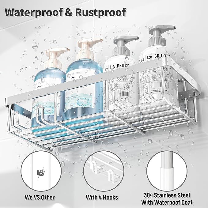 Liuoud 10 Pack Shower Caddy Organizer Rack Shelf for Inside Shower, Self Adhesive Wall Storage Basket Rustproof Stainless Steel Shampoo Holder Bathroom Accessory Decor Set, Silver - Image 5