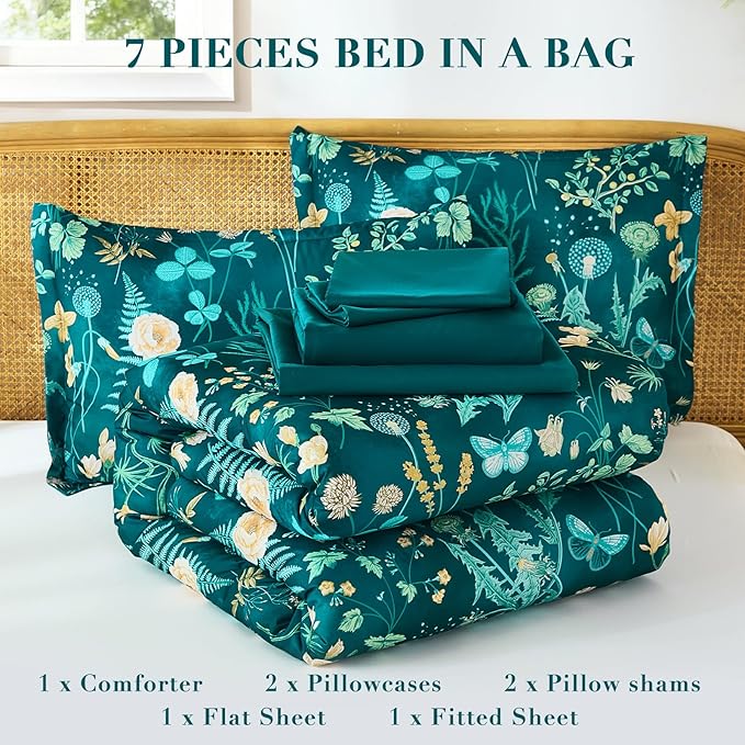 Yiran King Size Comforter Set 7 Piece, Teal Green Floral Bedding Set, Lightweight Bed in a Bag King with Botanical Flowers Spring, Soft Microfiber Complete Bedding Set with Sheets for All Season