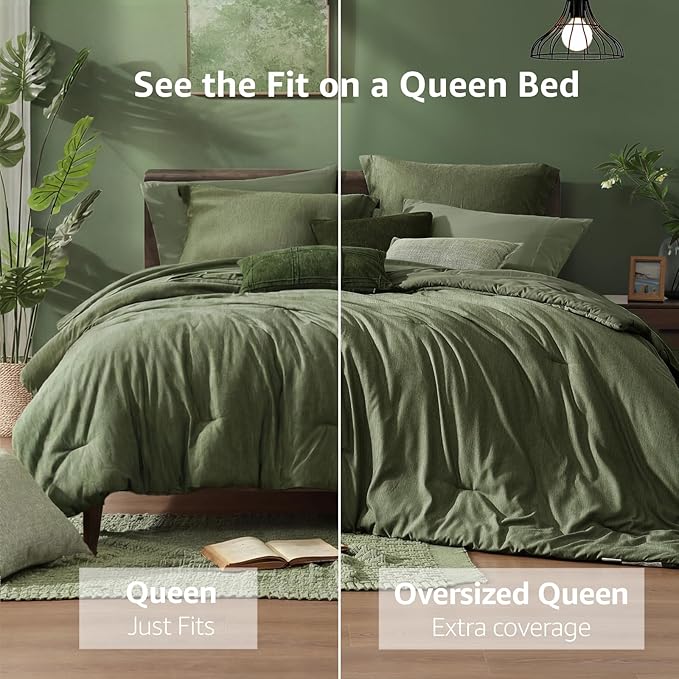 Monbix Oversized Queen Comforter Set - 7 Pieces Cationic Dyeing Olive Green Bed in a Bag Bedding Sets with Comforter, Sheets, Pillowcases & Shams, Reversible Bedding Comforters Sets