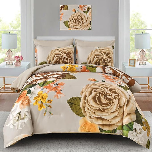 Drucon Brown Floral Comforter Set King, 7 Pieces Bed in a Bag Botanical Floral Comforter Soft Microfiber Brown Bedding Set King Size Bed with Sheet and Pillowcase