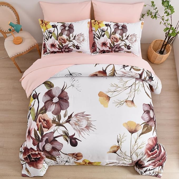 Luxudecor Floral Comforter Set King Size 7 Piece, Blush Flower Bed in a Bag, Elegant Floral Comforter with Sheet Set, Soft Microfiber Bedding Set for All Season (Blush, 104"x90")