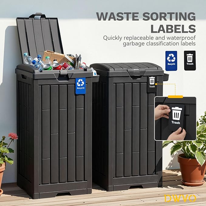 DWVO 38 Gallon Outdoor Trash Can, Set of 2 Resin Garbage Bins with Lids, Includes 2 Sorting Labels, Ash Holder, Stakes & Suction Cups, Hideaway Storage for Patio Backyard Garden, Black - Image 2
