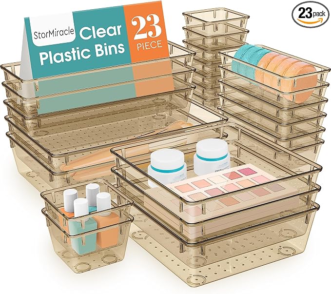StorMiracle 23 PCS Drawer Organizer Set, 5 Varied Size Bathroom and kitchen Drawer cabinet organizer Trays, Clear Storage Bins for Makeup, Jewelry, Utensils and Gadgets, Champagne by StorMiracle