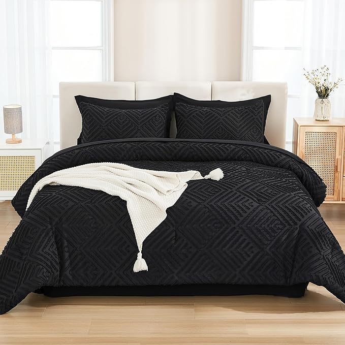 Andency Super King Plus Comforter Set with Sheets Black - 7 Pieces Bed in a Bag Oversized King Boho Lightweight Fluffy Tufted Bedding Sets with Comforter, Sheets, Pillowcases & Shams