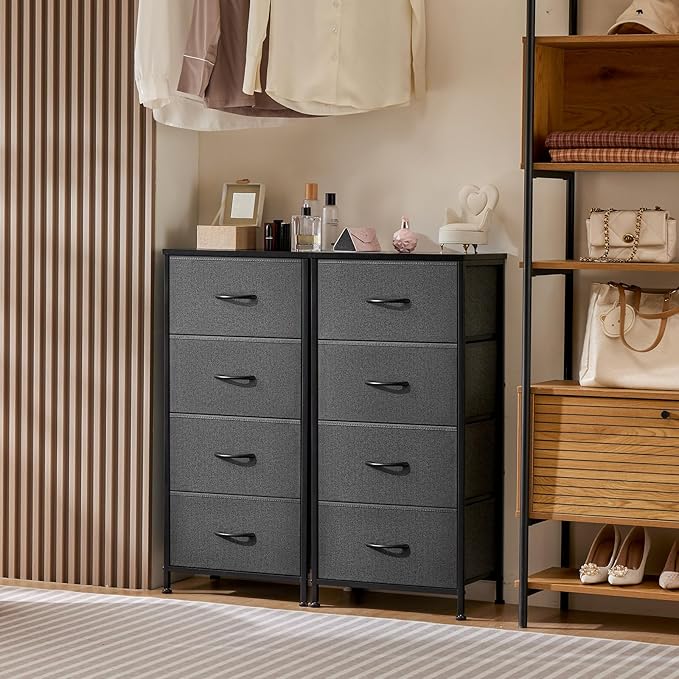 Sweetcrispy Dresser for Bedroom, Storage Drawers, Skinny Fabric Storage Tower with 4 Drawers, Tower Organizer Unit, Chest of Drawers with Wooden Top for Closet，Entryway