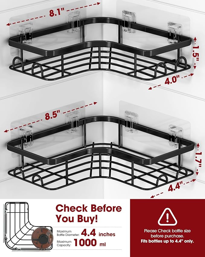 Sakugi Corner Shower Caddy - 2 Pack, Adhesive Shower Organizers, Rustproof Stainless Steel Shower Shelves with 8 Hooks, No Drilling Bathroom Organizers and Storage Racks, Space-Saving, Black, Medium - Image 4