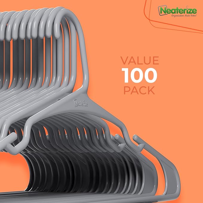 NEATERIZE Clothes Hangers Plastic 100 Pack for Adults - Plastic Hangers, The Perfect Coat Hanger and Space Saving Clothes Hangers for Closet - Grey Hangers - Image 7