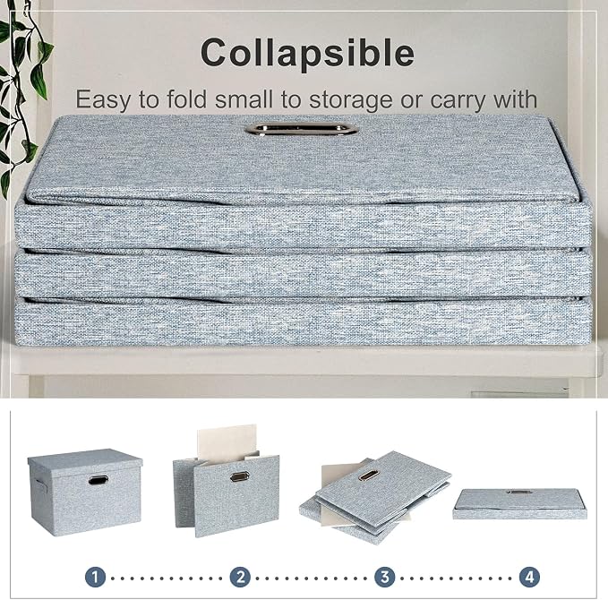 Graciadeco Large 17" 36 Quart Collapsible Stackable Storage Bins with Lids, 3 Packs Blue-Grey Linen Fabric Closet Boxes with Lids, Storage Cube Baskets Container Organizers for Bedroom (17x12x11) - Image 4