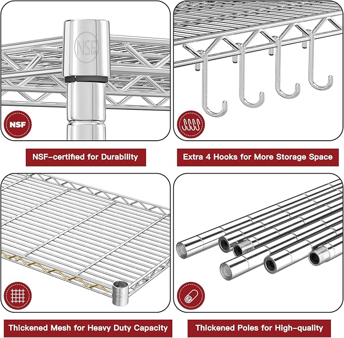 PrimeZone 4 Pack Steel Storage Wire Shelving 5 Tier Metal Shelves with Wheels,Adjustable Kitchen Utility Shelving Unit,Pantry Rack Rolling Metal Shelf Laundry,Chrome 24" Wx18 Dx75 H - Image 6