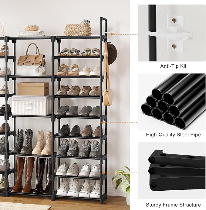 WOWLIVE 9 Tiers Large Shoe Rack Storage Organizer for Closet 50-55 Pairs Shoe Tower Unit Shelf Stackable Shoe Rack with Metal Pipes Plastic Connectors Black(SSS3B9) - Image 7