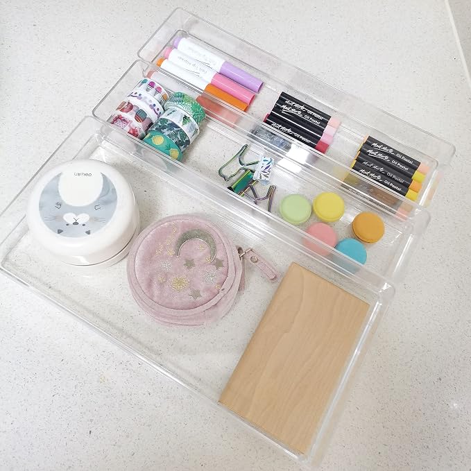 LotFancy Clear Drawer Organizers, 12” x 3” x 2”, Set of 3, Drawer Organizer Trays for Desk, Plastic Storage Bins for Bathroom, Makeup, Utensils, Stackable - Image 6