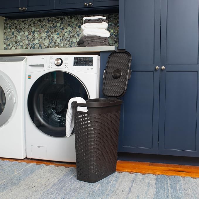 Mind Reader Slim Laundry Hamper with Lid, 40L Clothes Basket, Narrow Tapered Design with Ventilated Cutout Pattern, Plastic, Brown - Image 2