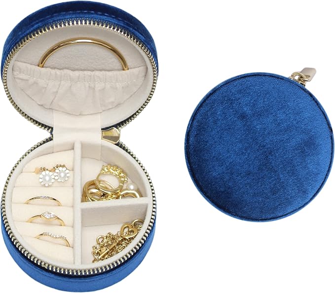 BLUTETE Velvet Travel Jewelry Case Small Round Travel Jewelry Organizer Jewelry Accessory Storage Case Gift Jewelry Box (Midnight Blue/Round) by BLUTETE