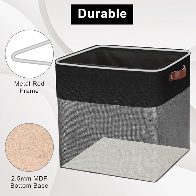 Bagnizer 13x13 Cube Storage Bins, Collapsible Fabric Storage Box, 4 Pack Closet Baskets with Handles for Organizing, Shelf, Toys, Clothes, Home, Office, Nursery (Grey&Black) - Image 4