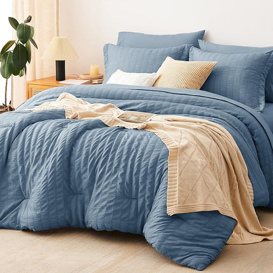 CozyLux Full Size Comforter Sets with Sheets 7 Pieces, Grayish Blue Seersucker Bed in a Bag Textured Luxury Soft Dusty Blue Bedding Sets with Down Alternative Comforter, Sheets, Pillowcases & Shams