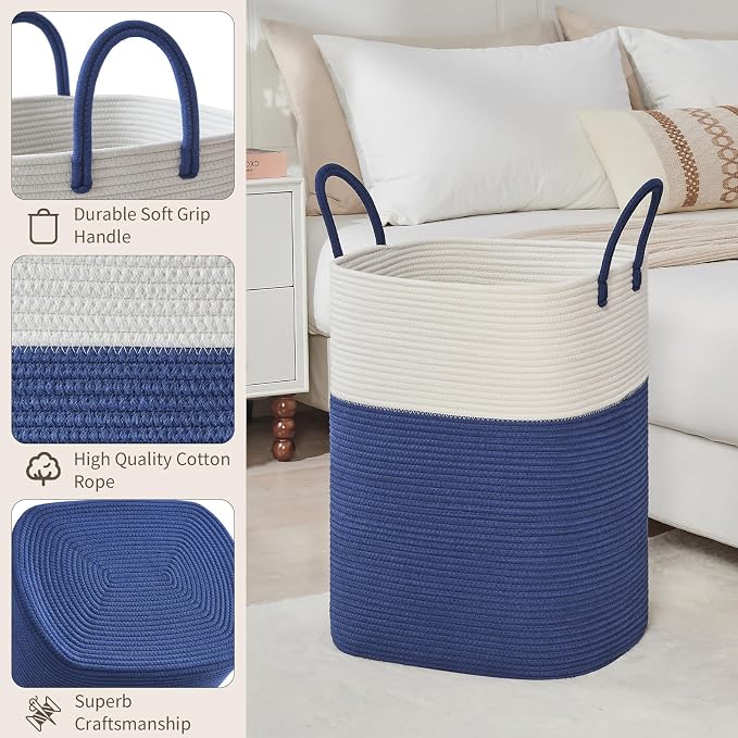 AINUOQI Laundry Basket with Handles - Blanket Basket & Hampers for Bedroom Aesthetic, Laundry Hamper & Blanket Storage for Living Room, Clothes Hamper, Tall, Large 17" x 14" x 23”, White & Dark Blue - Image 4
