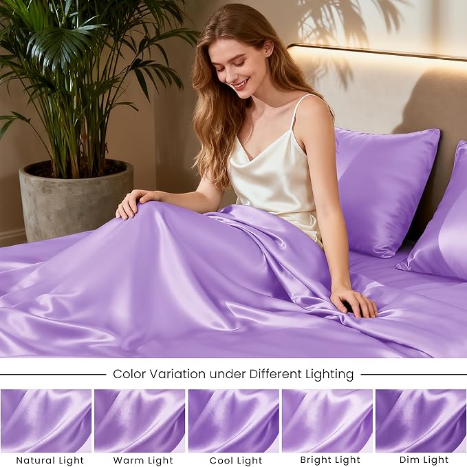 Love's cabin Satin Queen Sheets Set - 4 Piece Lavender Silky Bed Sheets with Deep Pocket, Luxury Silk Feel Satin Queen Size Sheet Set (1 Flat Sheet,1 Fitted Sheet,2 Pillow Cases)